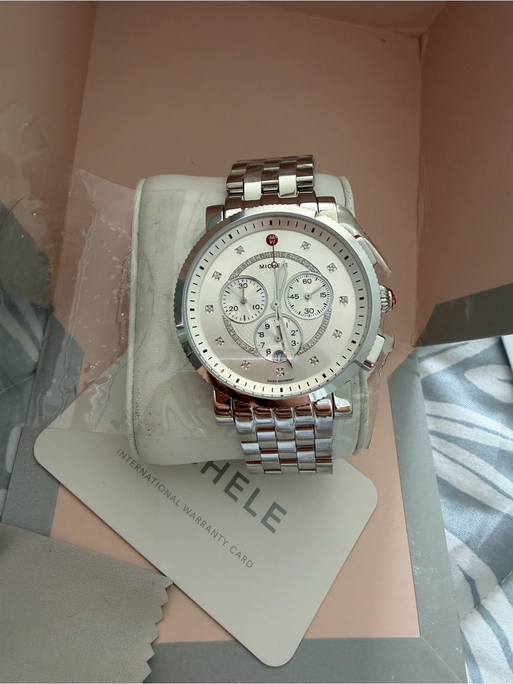 Michele Silver Stainless Steel Chronograph Watch with White Dial